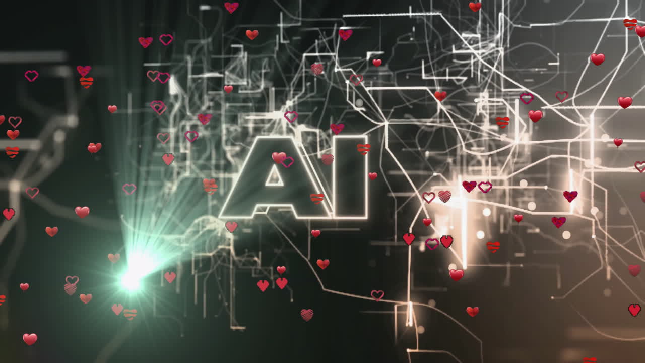 Animation of digital network lines with AI text and floating red heart icons