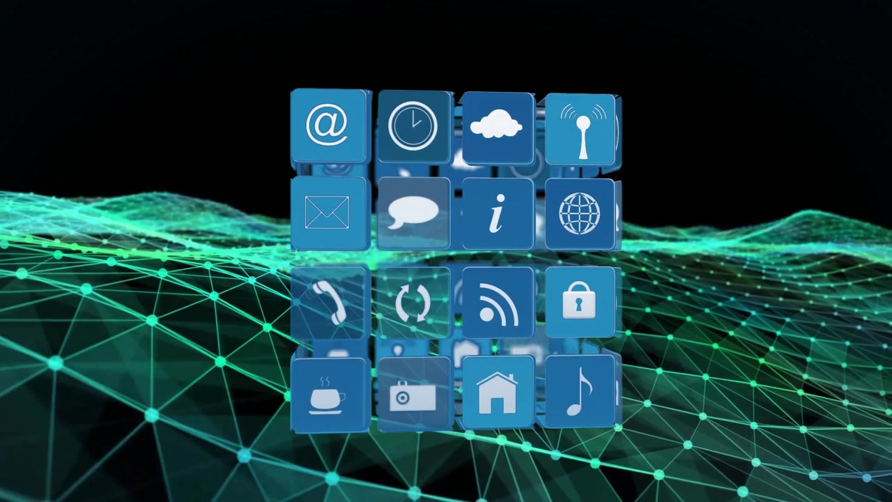 Digital App Icons Rotating in a 3D Cube over a Network Grid