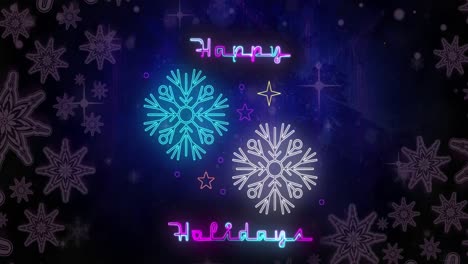 Animation-of-happy-holidays-text-at-christmas-over-snow-falling