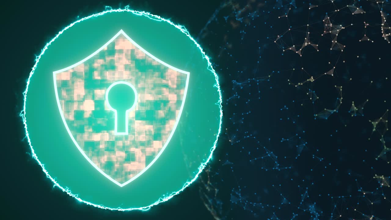 símbolo brillante de cerradura dentro de una gota de agua, rodeado por un círculo de relámpagos sobre un fondo oscuro con una esfera de plexo giratorio.