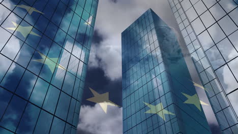 animation of european union waving flag over cityscape