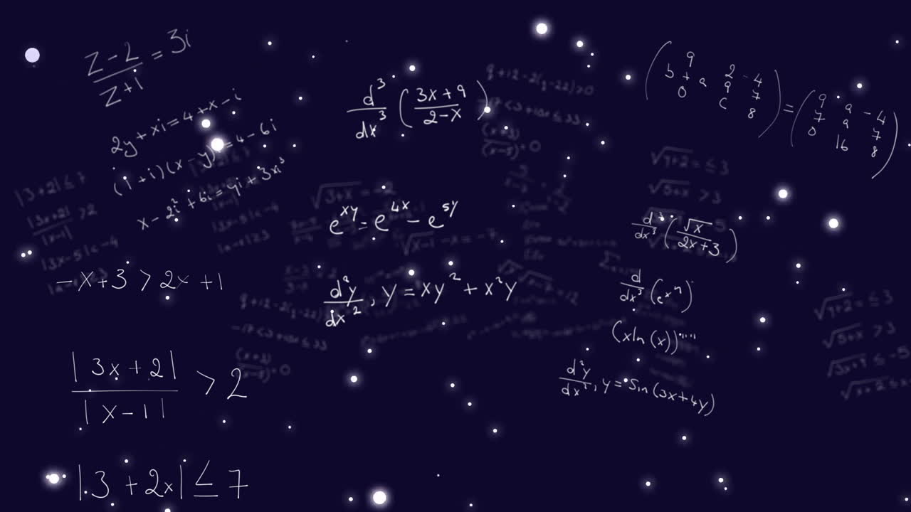 Animation of mathematical equations floating over starry night sky, cosmic effect