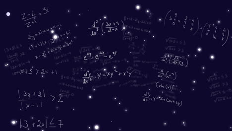 animation of mathematical equations floating over starry night sky, cosmic effect