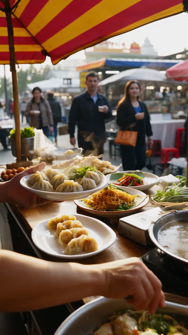 A bustling street food stall in an Asian market offering a variety of ...