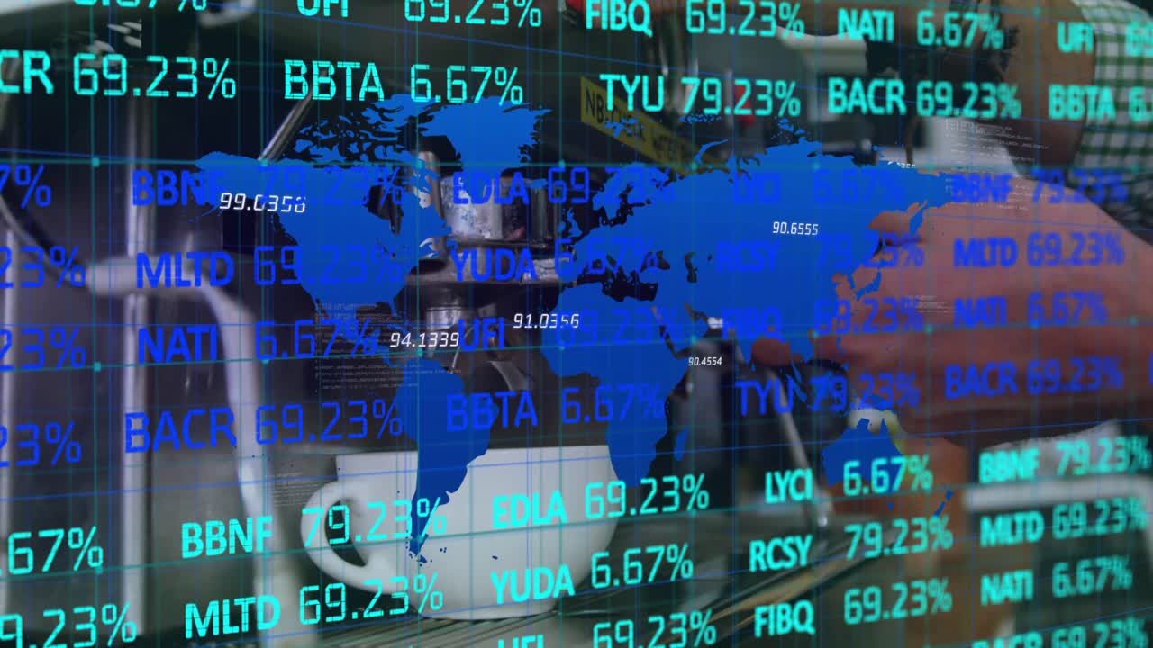 Finance overlay appearing hand operating and extracting espresso, highlighting market trends