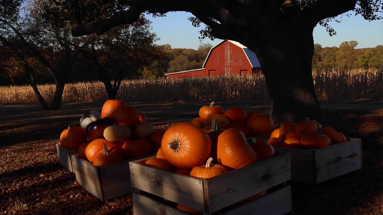 Pumpkins and a Barn in an Autumn Landscape