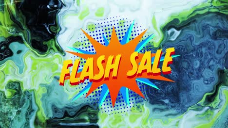 Animation-of-text-flash-sale,-on-orange-explosion,-over-swirling-green-and-grey-background