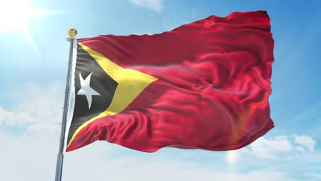 east timor flag waving in the wind against deep blue sky. national theme, international concept. 3d render seamless loop 4k