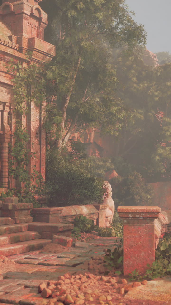 antiguas ruinas en una selva de niebla