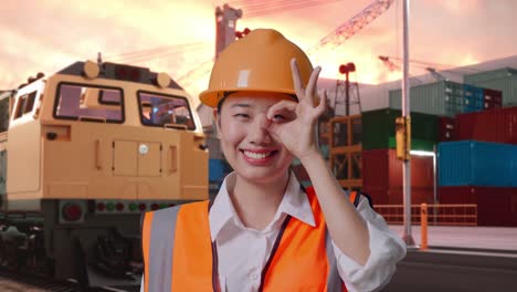close up of asian female engineer with safety helmet showing ok hand sign over eye and smiling to camera with freight cargo train at port