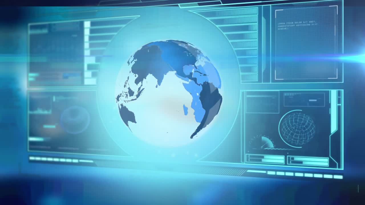 Animation of globe and data processing over screen on blue background