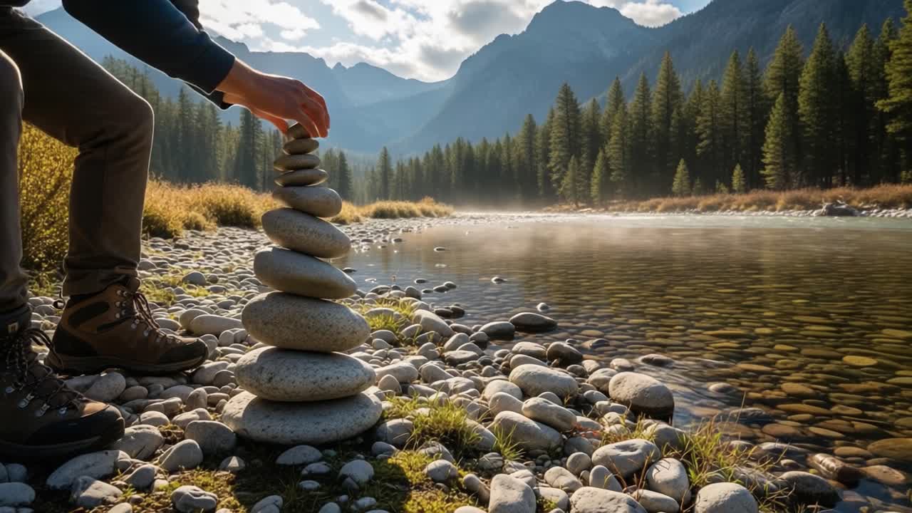 An Artist Balances Stones Amidst Nature's Splendor, Creating a Peaceful Cairn by a Serene River Surrounded by Majestic Mountains and Lush Greenery