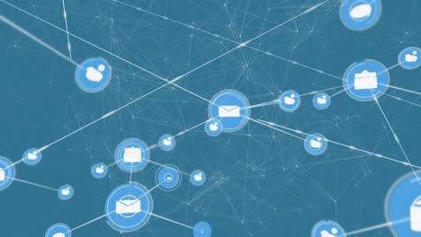animación de la red de conexiones e iconos digitales contra un fondo azul