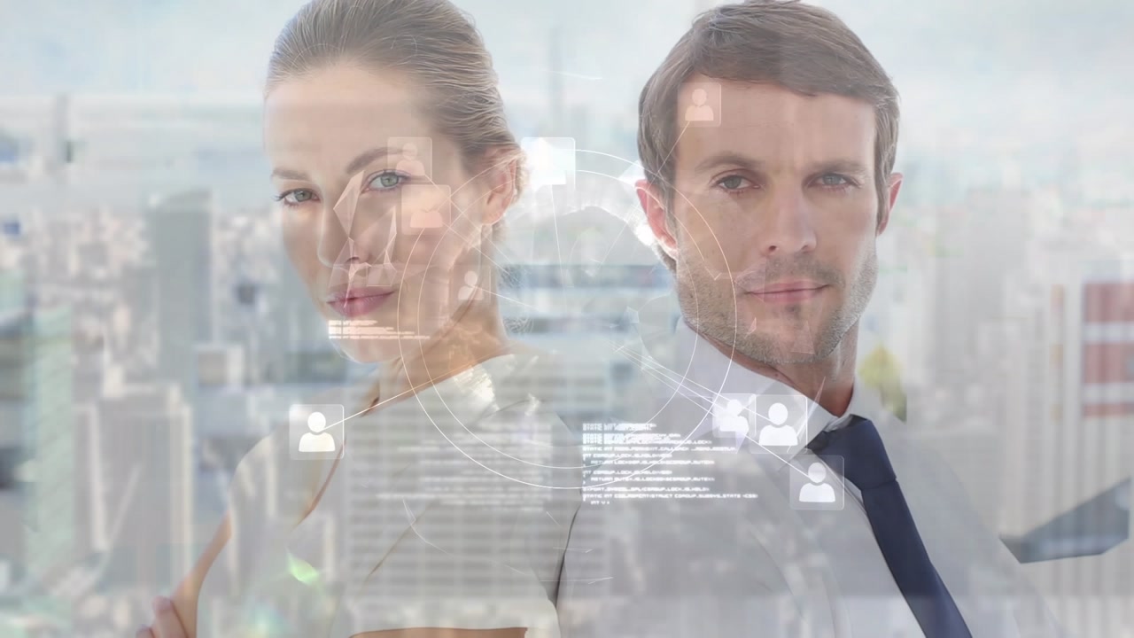Animation of data processing over caucasian business people