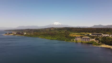 Aerial-shot-of-lake-and-volcano-Villarica