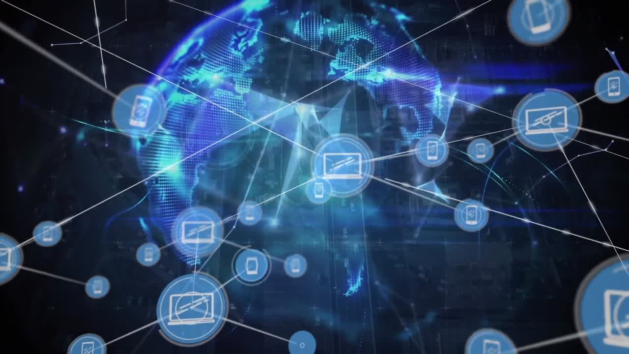 animación de la red de iconos digitales sobre el globo de la red de plexo contra un fondo azul.