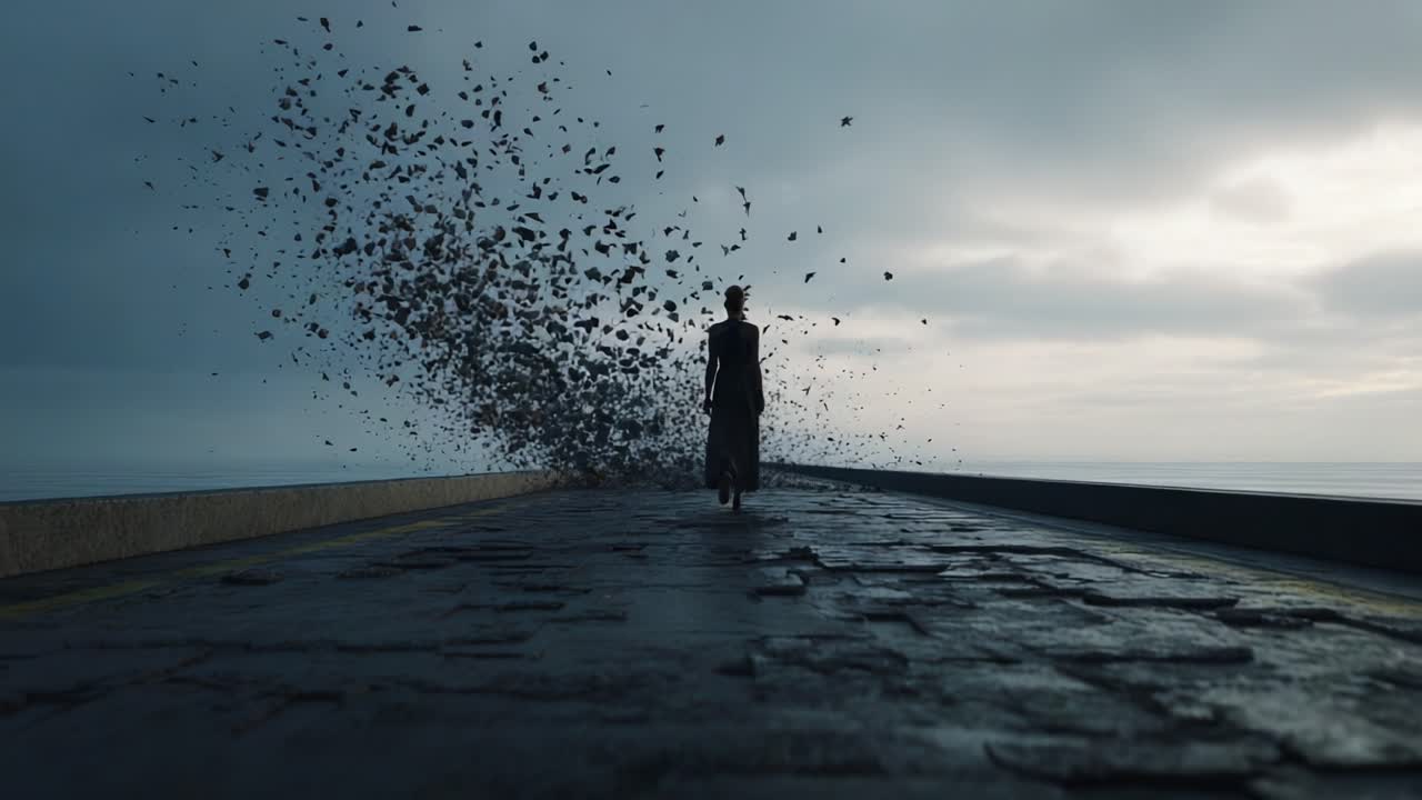 A solitary figure walks along a desolate pathway, surrounded by an ethereal swirl of fragments, embodying themes of change, solitude, and transformation in a mysterious landscape