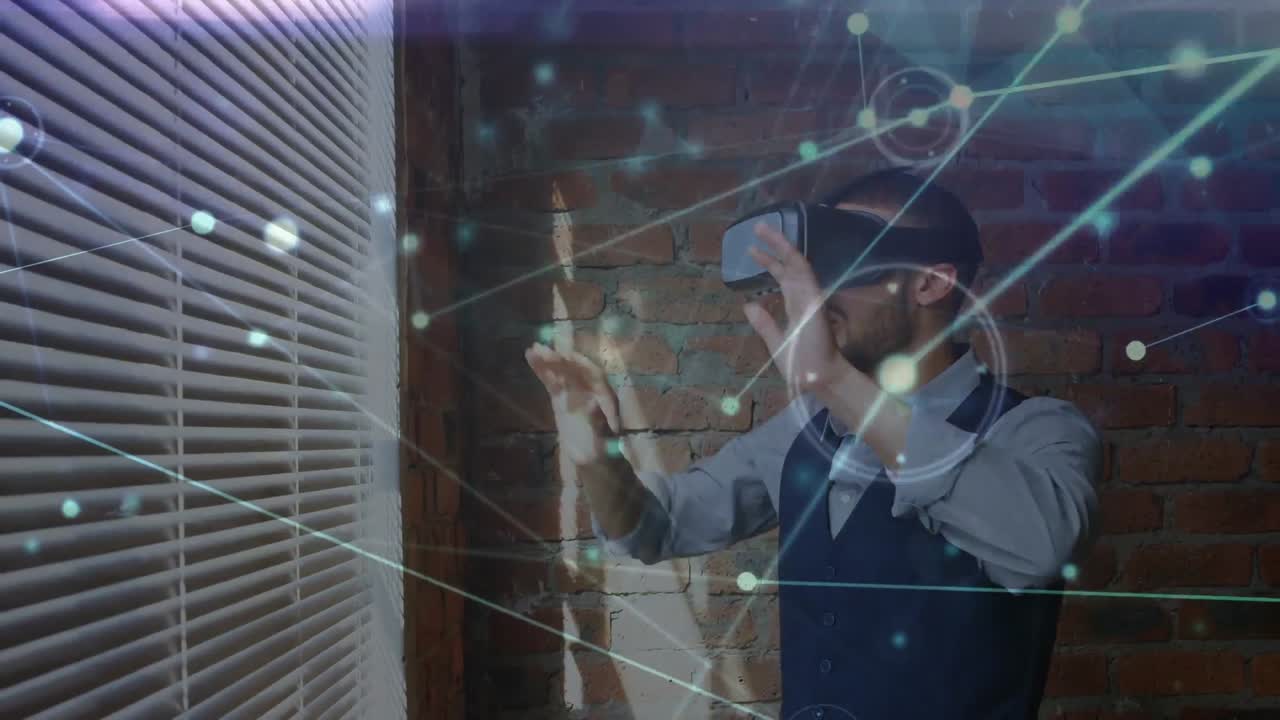animación de la red de conexiones sobre el hombre que usa auriculares vr