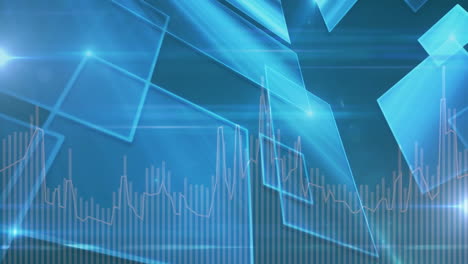 blue geometric shapes and financial graph lines in digital data animation