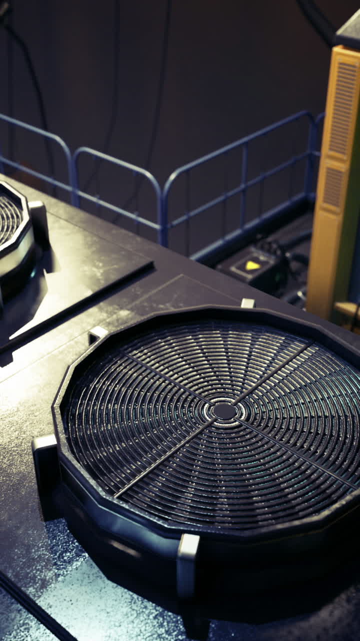Complex machinery with cooling fans in a futuristic environment
