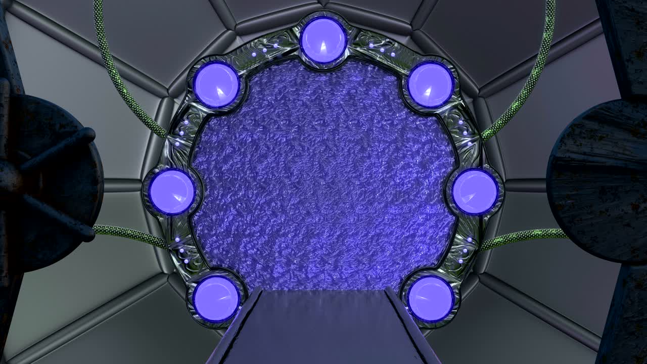 iron rusty hatch는 우주선 풍경 장면에 대한 파노라마 뷰를 열고, 포털과 함께 공상 과학 복도의 3d 추상적인 배경, 기술 제목과 배경에 대한 미래 기술 추상적 vj.