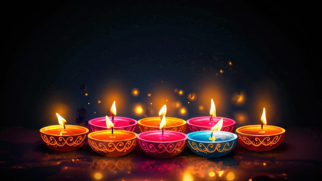 Živé video s barevnými, složitě navrženými lampami Divali zářícími z nízkého úhlu