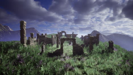 ancient ruins surrounded by lush grass under a cloudy sky