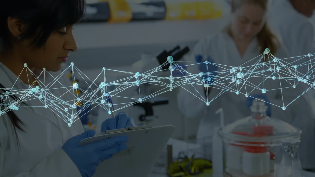 científicos en laboratorio, procesamiento de datos y animación de redes de conexiones