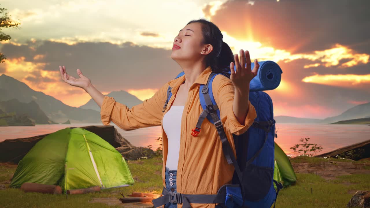 Happy Woman Camping at Sunset