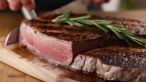 perfectly cooked steak with rosemary being sliced