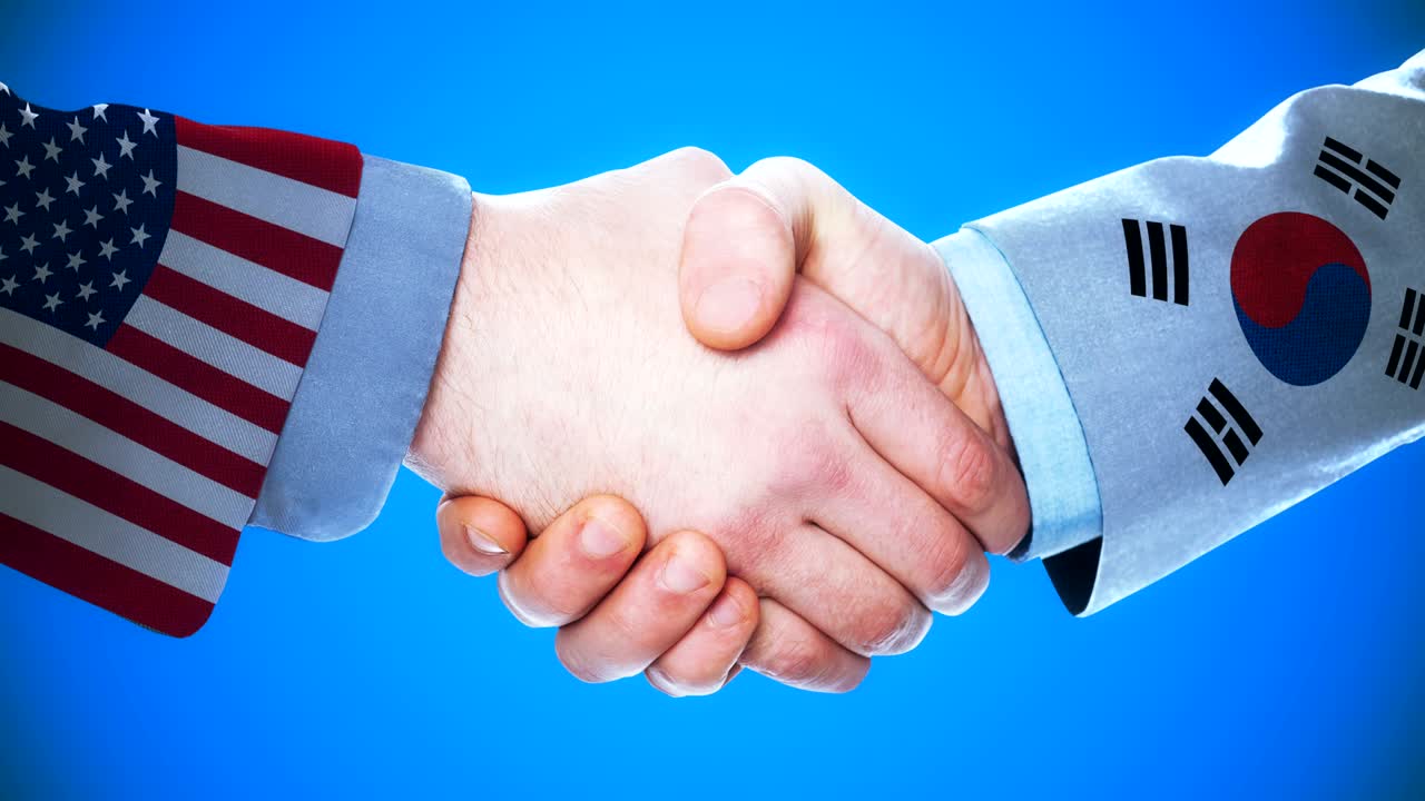 United States - South Korea / Handshake concept animation about countries and politics / With matte channel