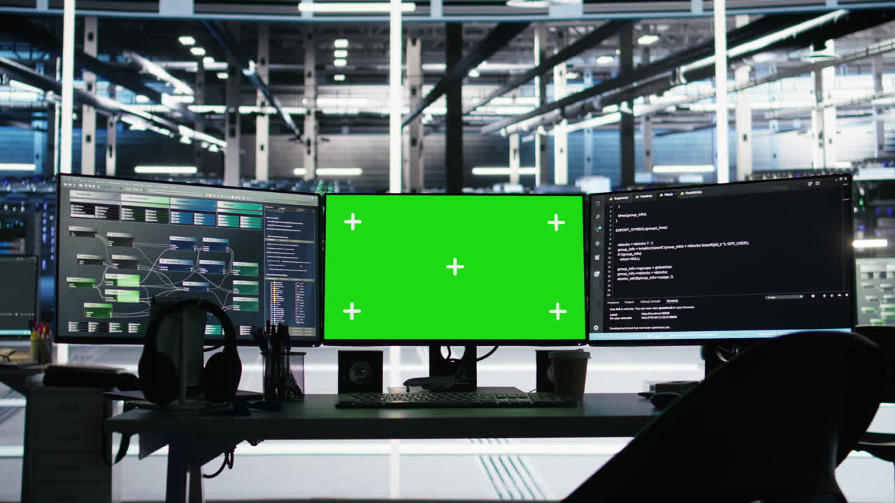 Chroma key displays in server farm displaying node tree programming tool