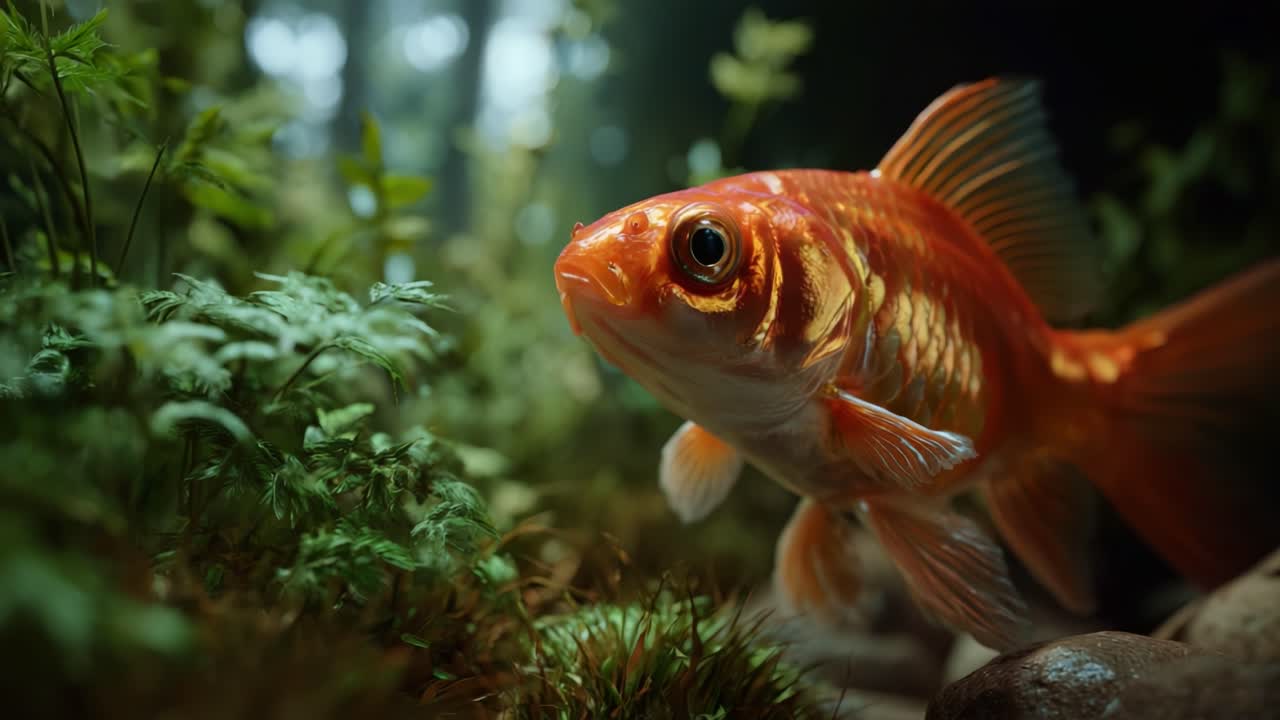 Un primo piano accattivante di un vivace pesce rosso sott'acqua, circondato da una vegetazione verdeggiante, che mette in mostra le sue squame colorate e gli occhi espressivi nel suo habitat naturale
