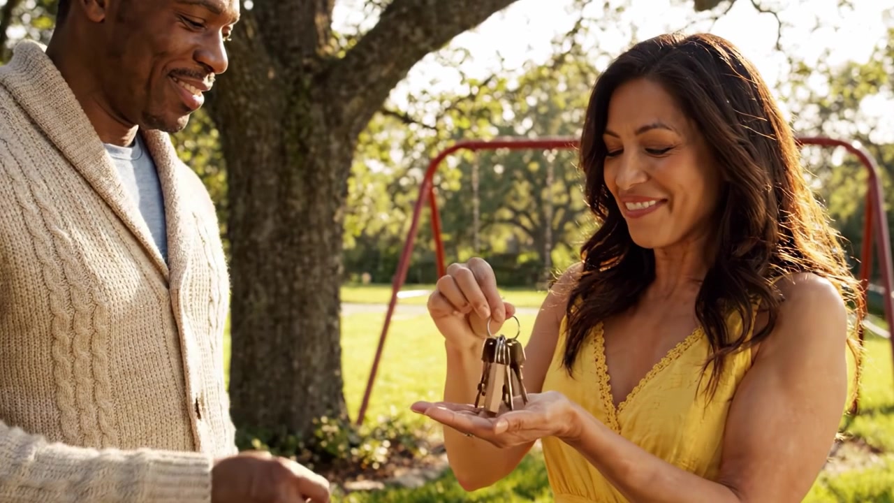 Joyful Exchange of Keys Under the Sun: A Heartwarming Moment Between Friends in a Playful Outdoor Setting Portrayed in Two Captivating Frames