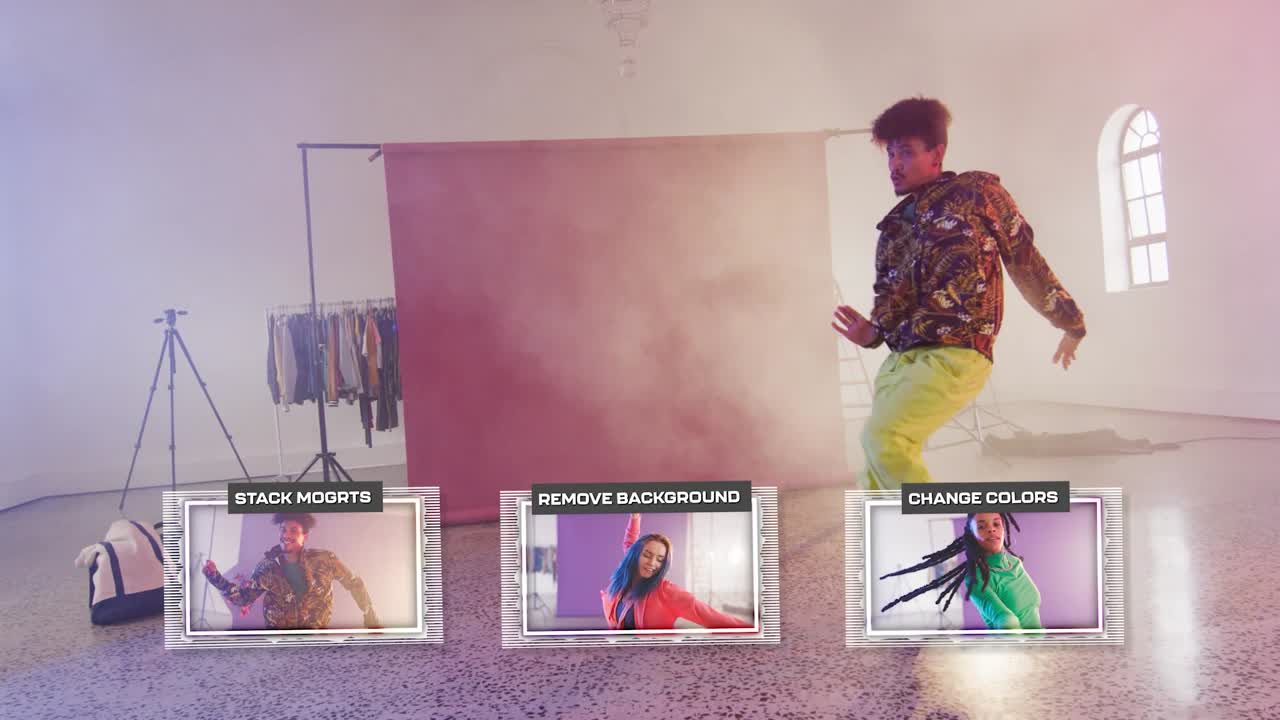 Různí mladí lidé pózují a tančí v moderním studiu