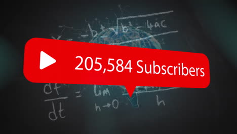 animation of subscribers with growing number over digital brain and equations on black background