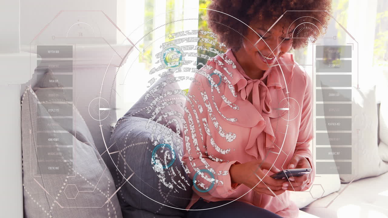 Animation of data processing with fingerprint over african american businesswoman using smartphone