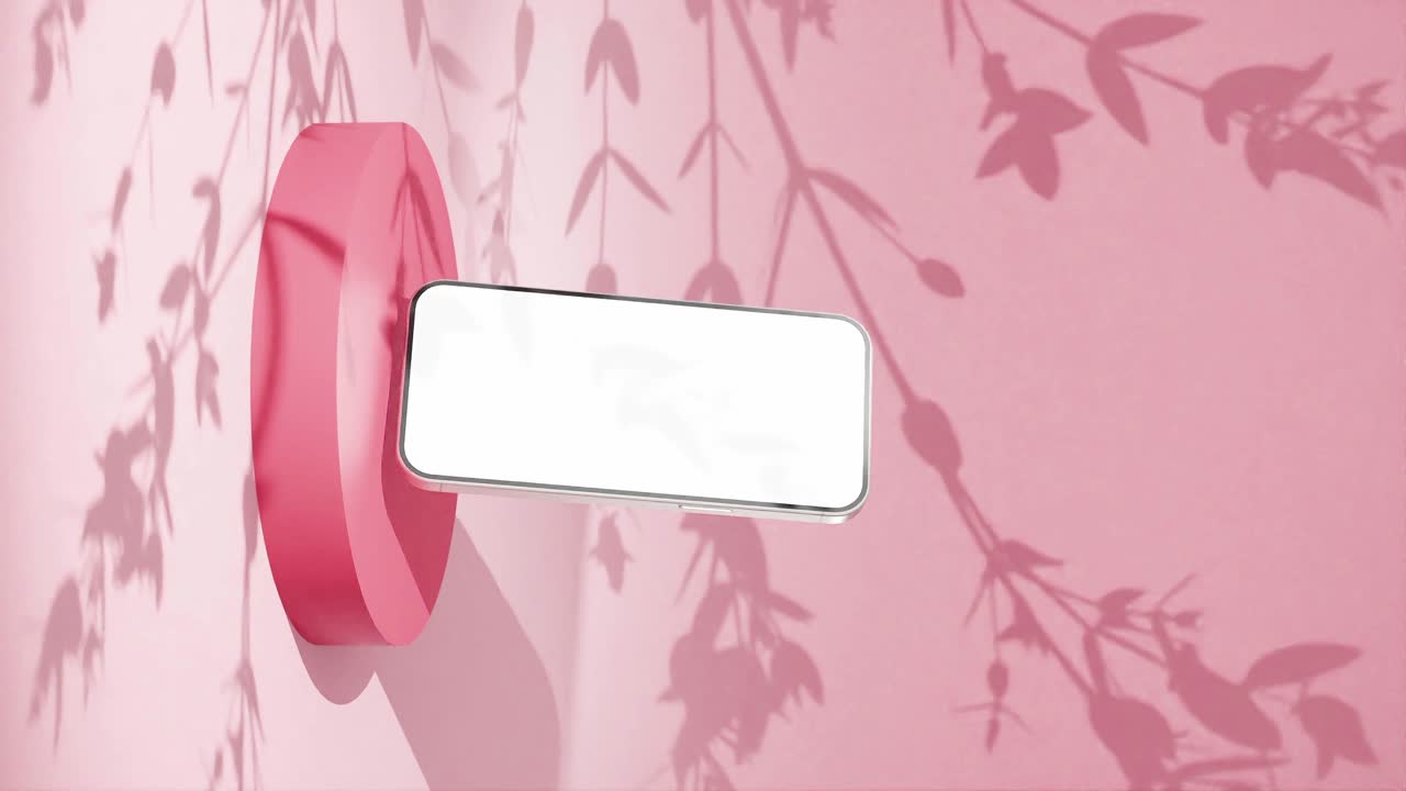 현대 스마트폰의 제품 디스플레이 애니메이션 새로운 모델은 색 빈 화면과 함께 벽에 나무 꽃 잎 그림자 수직 빨간 배경