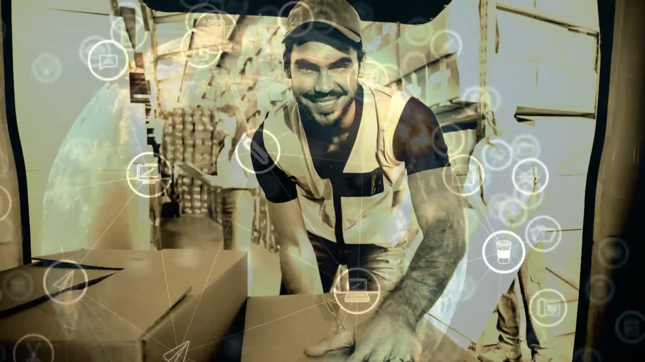 애니메이션 지구와 아이콘과 결합된 패키지 배달의 창고 구성