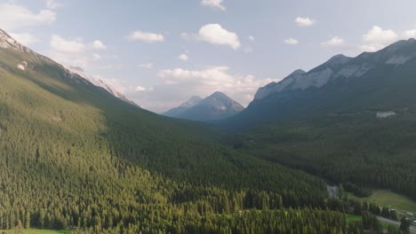 aerial orbit over canadian rockies mountain range covered in dense pine tree forest at banff national park, alberta, canada