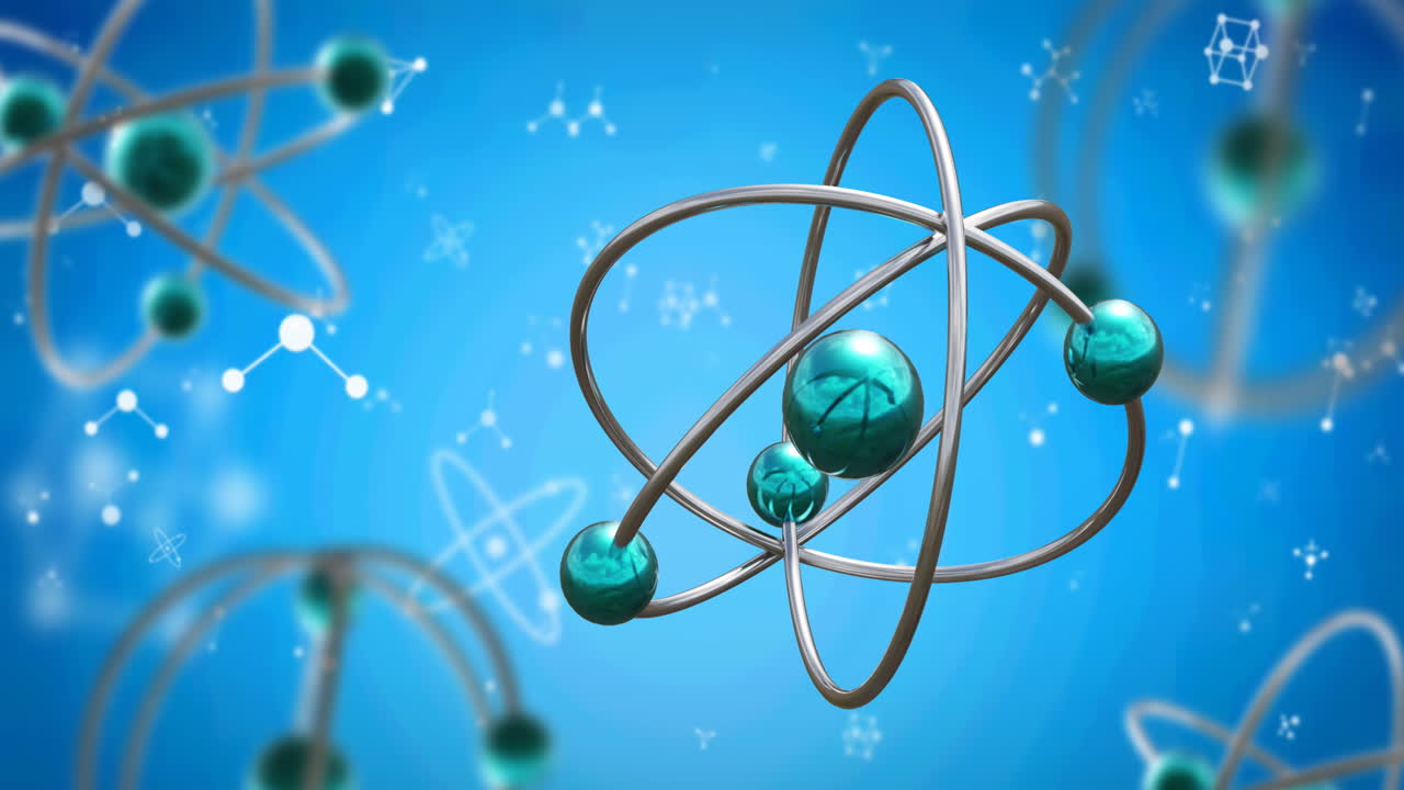 Animation of micro of atom models and molecules over blue background