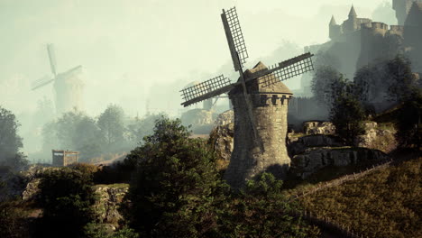un molino de viento de piedra y un castillo en un bosque de niebla