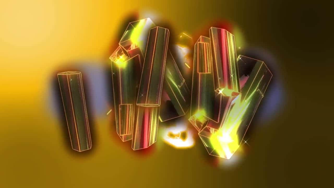 animación de corrientes eléctricas amarillas con barras metálicas doradas flotando sobre un fondo amarillo