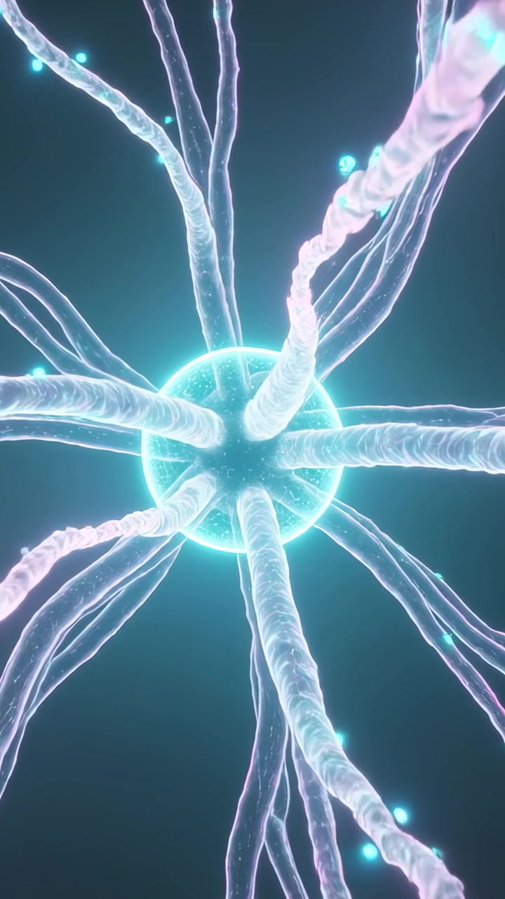Vertical video: Pulsing cyan soma activating pink neurite beading as nodes move in microscope