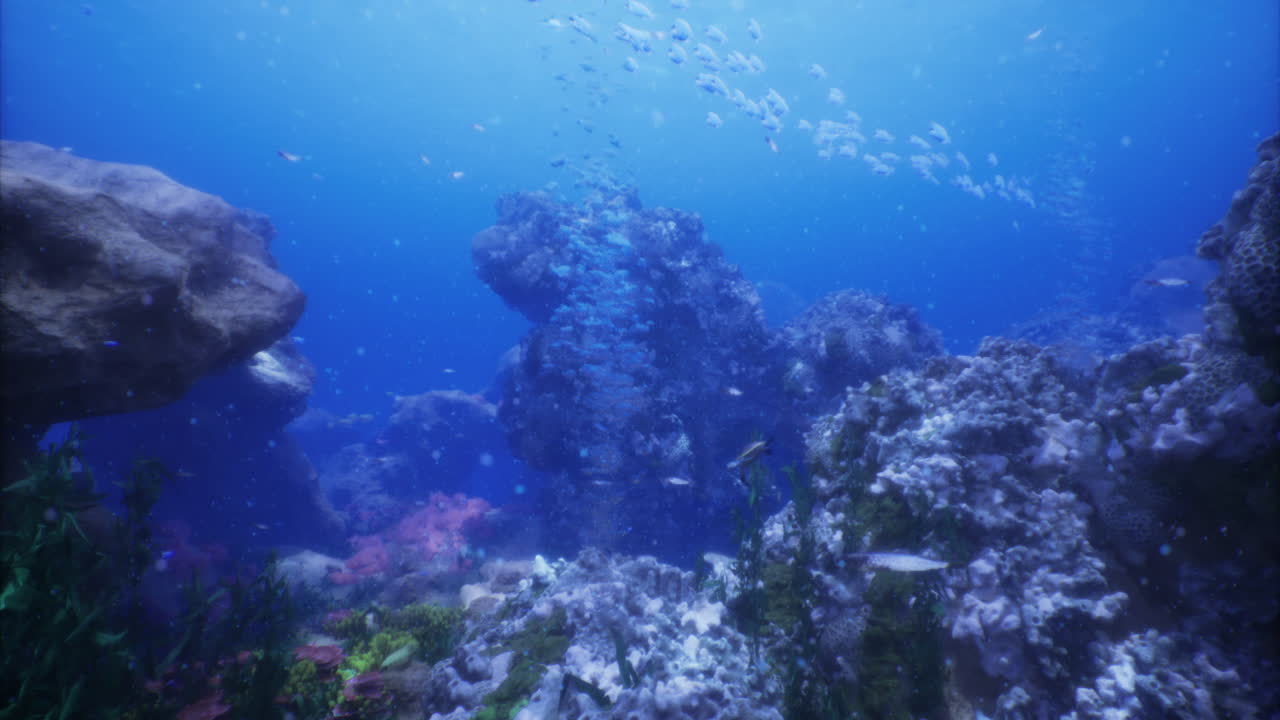 Colorful corals and various fish thrive in a vibrant underwater ecosystem