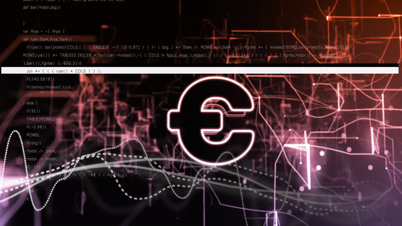 데이터 처리의 애니메이션과 검은색 배경에 있는 유로 기호