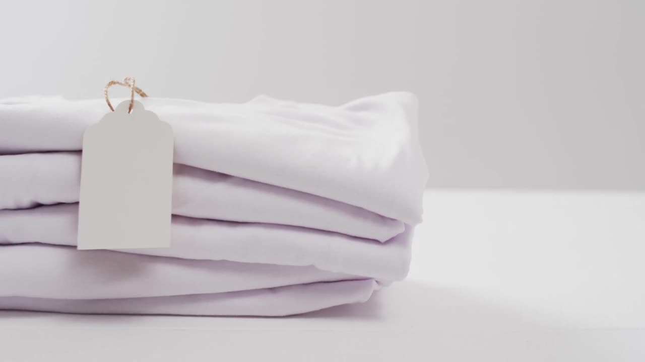Video of stack of folded white t shirts with copy space on white background