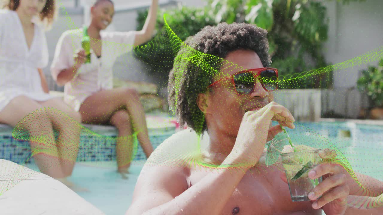 Man sipping glass and reaching as friends cheering by pool, marketing with green overlay sweeping