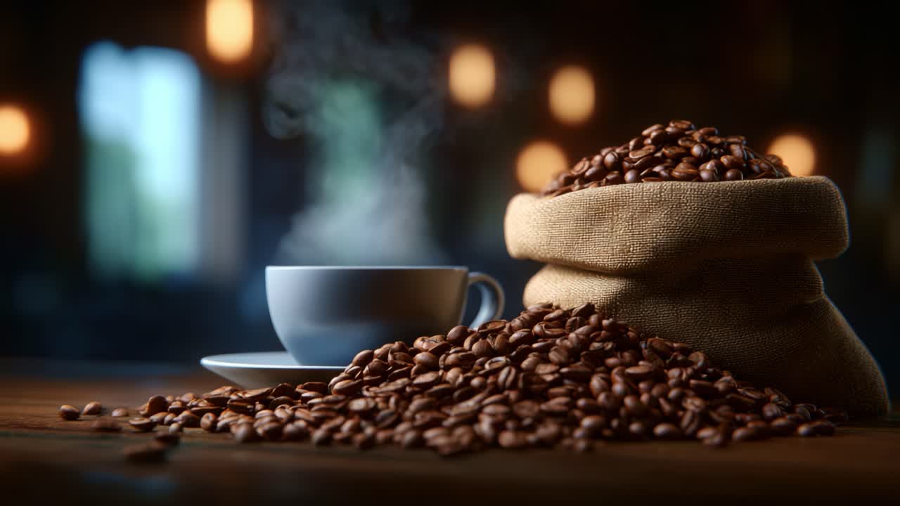 Duftende kaffebønner og dampende kop på et træbord indfanger essensen af et hyggeligt kaffeøjeblik fyldt med varme og indbydende aroma.