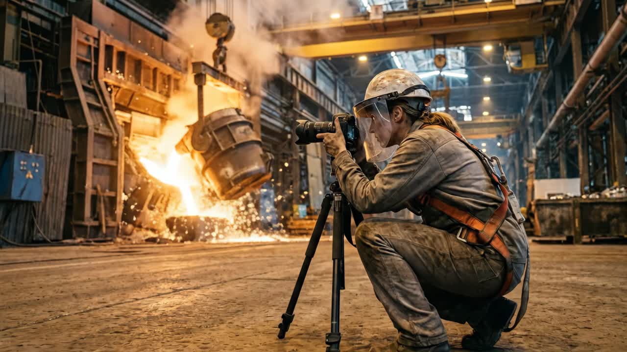 Kvinnefotograf filmer flytende metall som helles i industrielt støperi